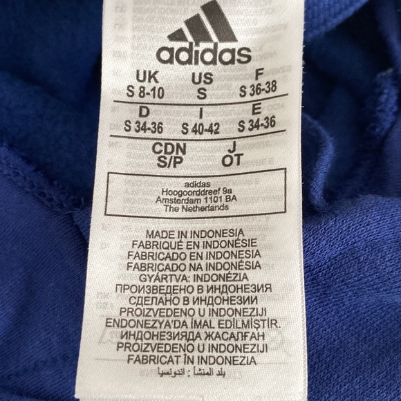 NWOT Adidas Blue Hooded Sweatshirt Essentials with White Linear Logo Size Small - Picture 3 of 5